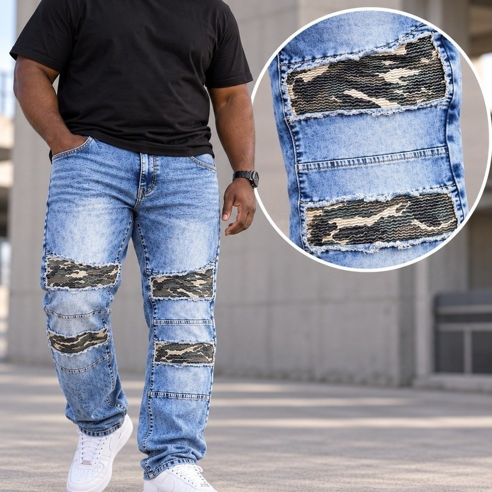 Phat Farm Mens Jeans 42 Blue Acid Wash Camo Distressed Moto Denim Y2K Hip Hop